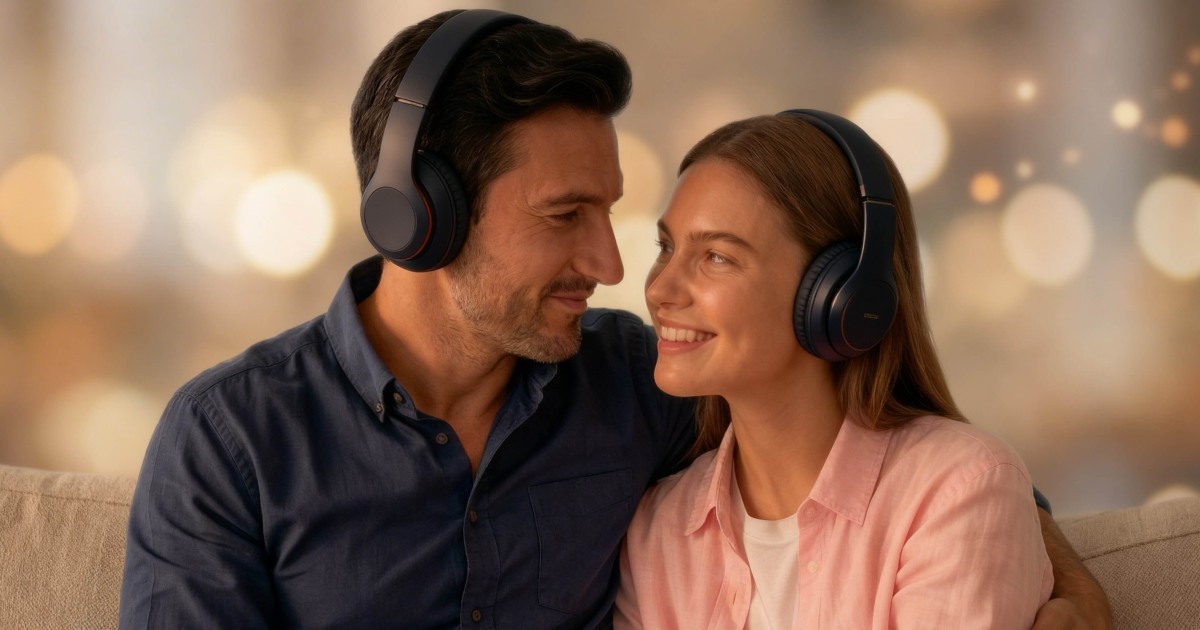 A couple wearing headphones while previewing a song
